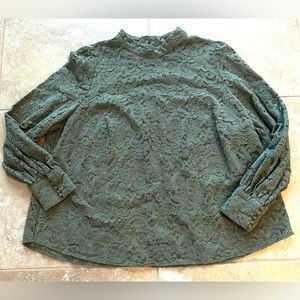 H&M Women’s Khaki Green Lace Long Sleeve Blouse, Stand-Up Collar - Sz XL